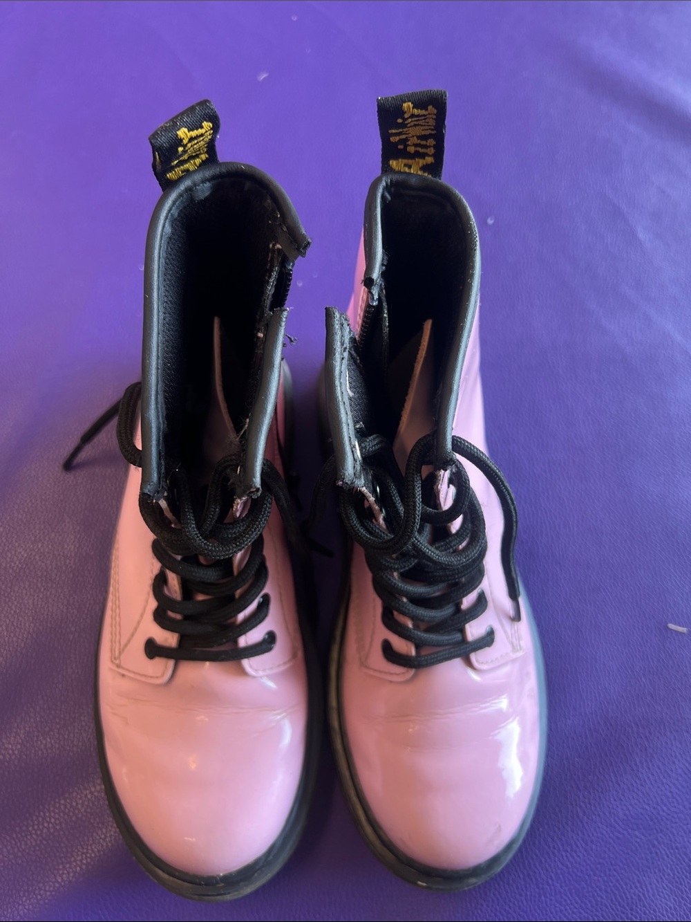 Dr. Martens Pink Patent Lace-Up Kids Boots with Black Trim